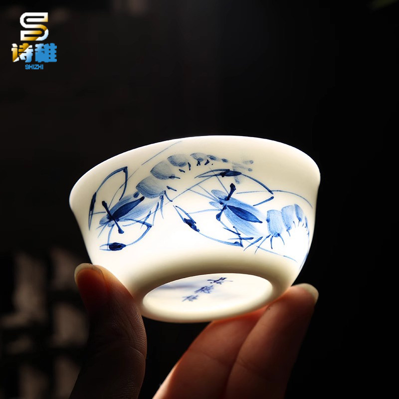 诗稚纯手工青花瓷薄胎茶杯主人杯景德镇陶瓷单杯功夫品茗杯鸡缸杯