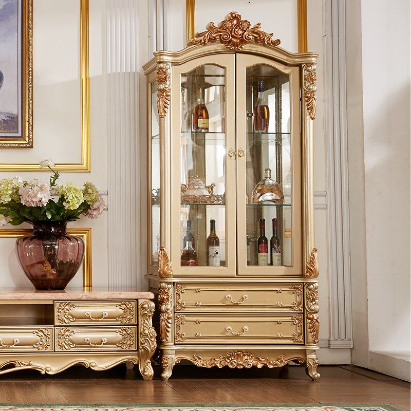 优选欧式实木双门酒柜香槟色高端客厅电视柜边柜简欧雕花单门玻璃
