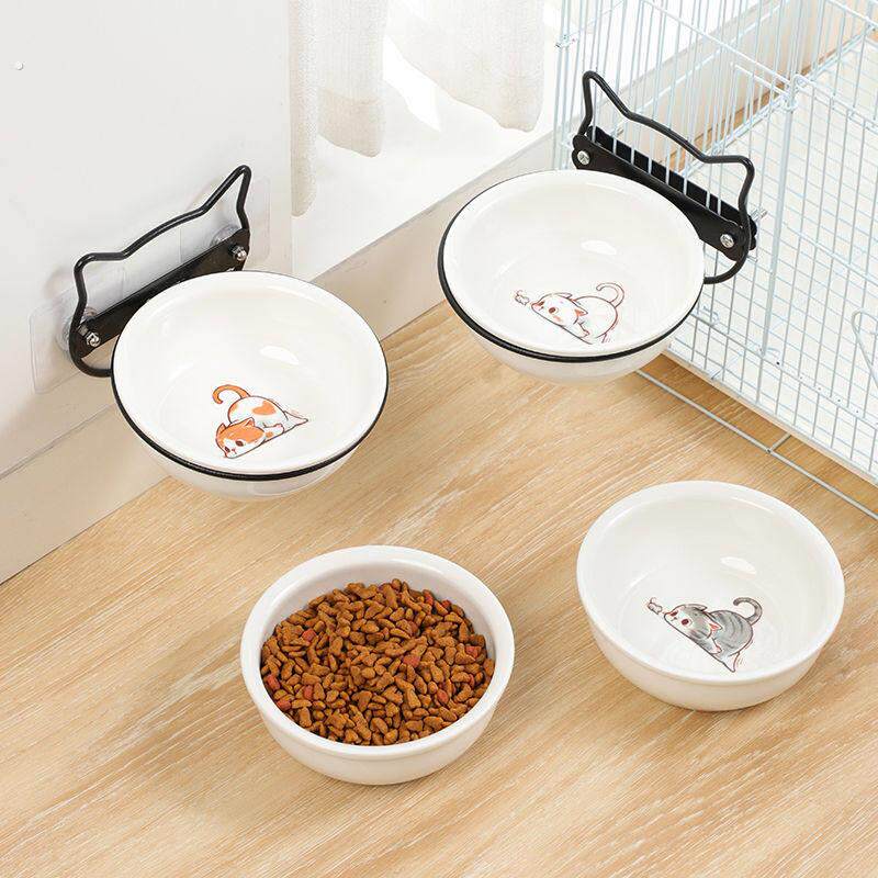 猫咪饭碗陶瓷宠物碗饮水碗护颈双碗狗食盆不易防打翻猫碗悬挂式壁