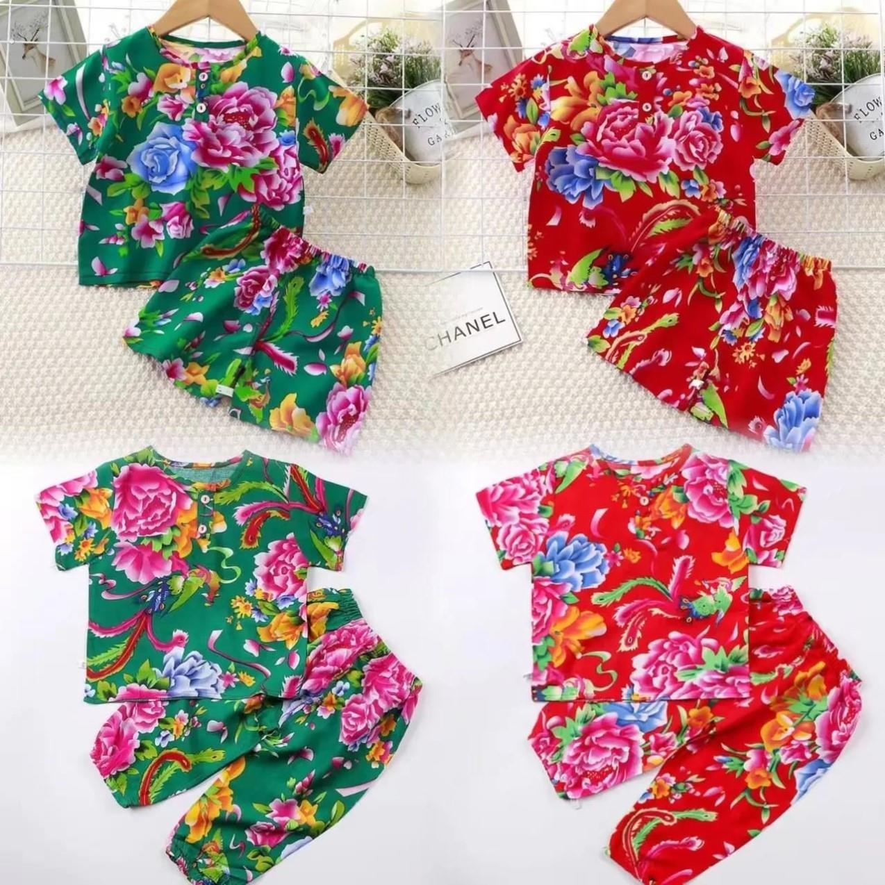 东北大花套装男童女儿童衣服短袖短裤棉绸睡衣家居服夏季人造棉