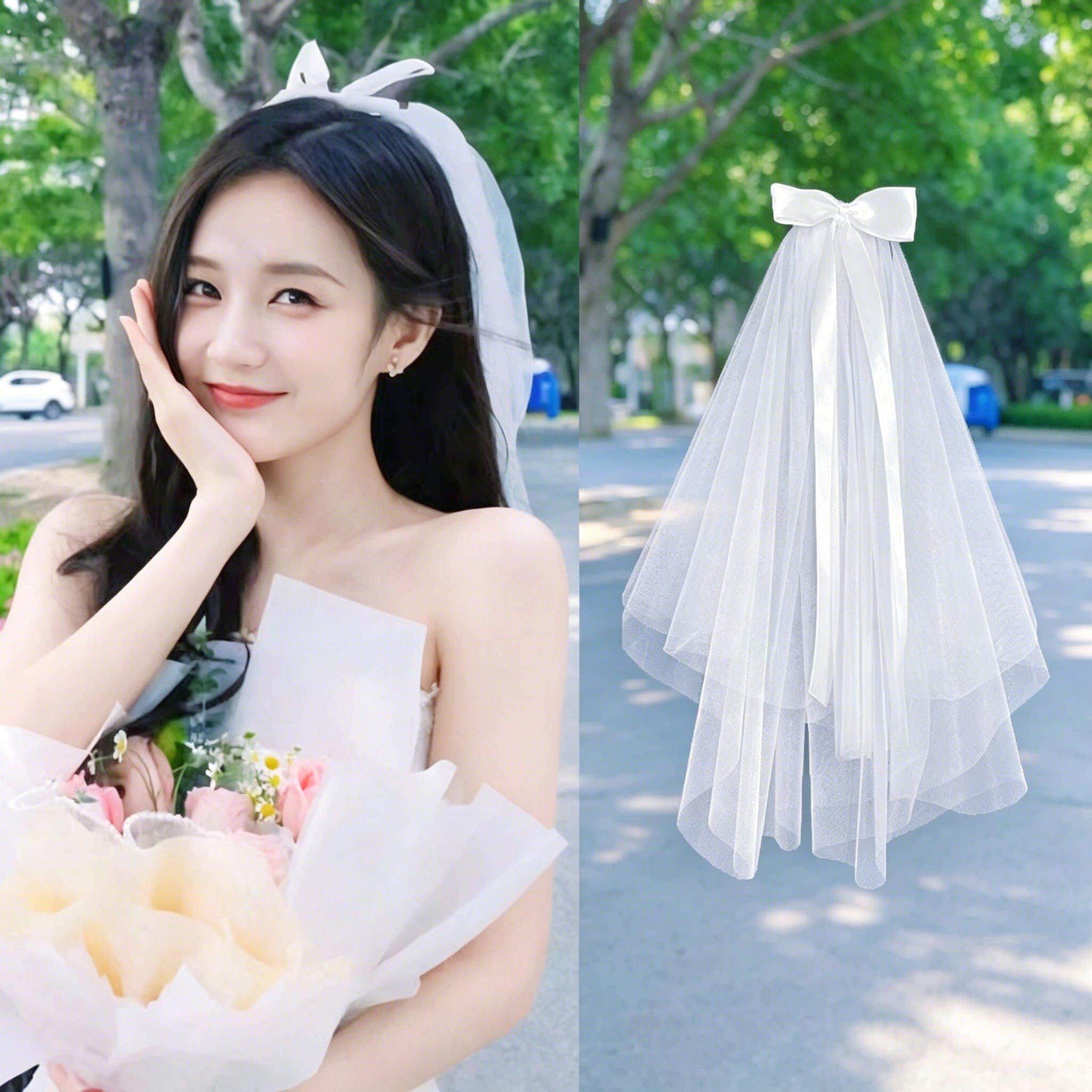 蝴蝶结头纱发夹女结婚拍照领证登记蓬蓬纱新娘发饰