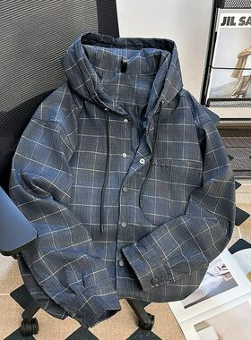 日系复古暗纹大格子连帽廓形外套男女秋季新款抗皱宽松防风衣夹克