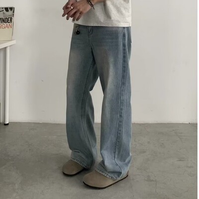 INKNOTS美式复古vintage水洗直筒浅蓝色牛仔裤男女cleanfit裤子潮