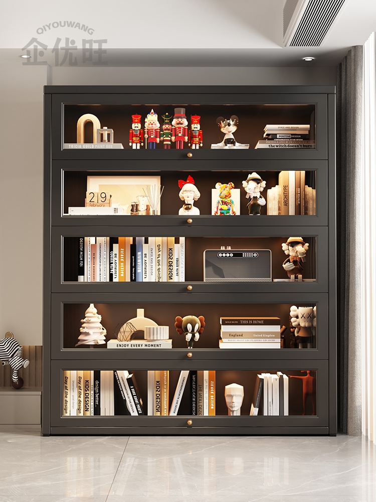 钢制书柜客厅多层落地黑色收纳柜带门儿童防尘书架玻璃展示陈列架
