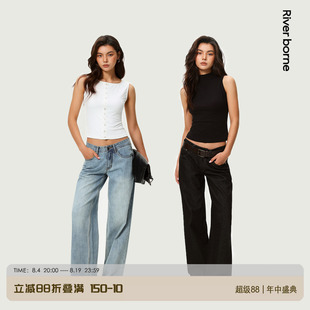 River borne 复古宽松阔腿低腰牛仔裤夏秋垂感显瘦直筒拖地长裤女
