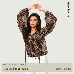 River borne 复古咖棕豹纹V领长袖衬衫夏新款轻薄雪纺宽松上衣女