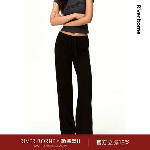 抽绳高腰卫裤女直筒拖地长裤