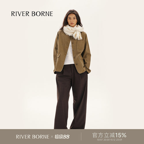 River borne 复古水洗做旧工装短外套女秋斜纹肌理感显瘦翻领夹克