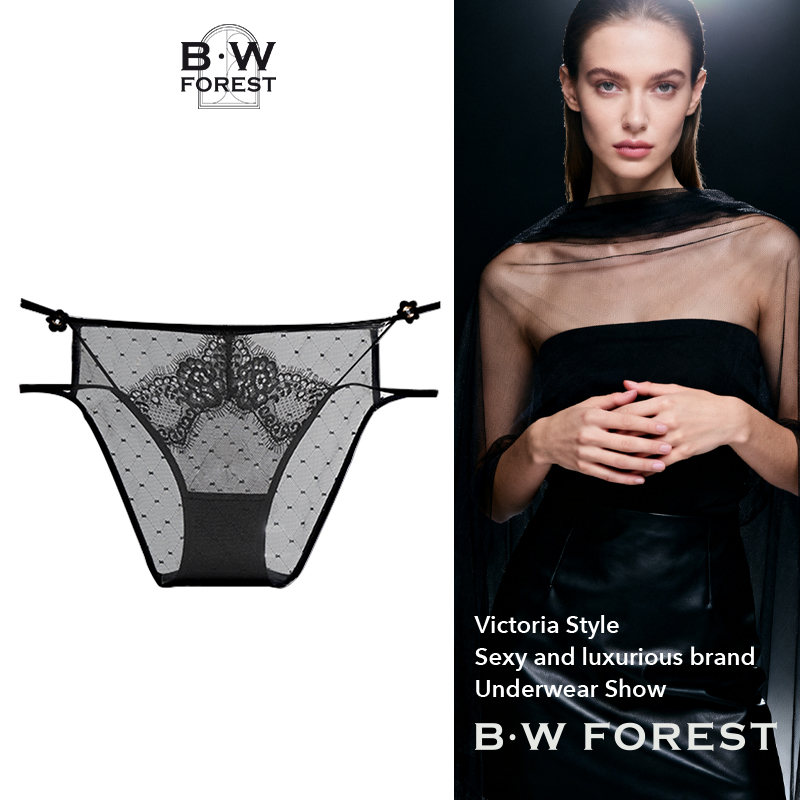 BWFOREST紫色蕾丝内裤女2025新款性感勾人镂空开叉三角裤网纱透明