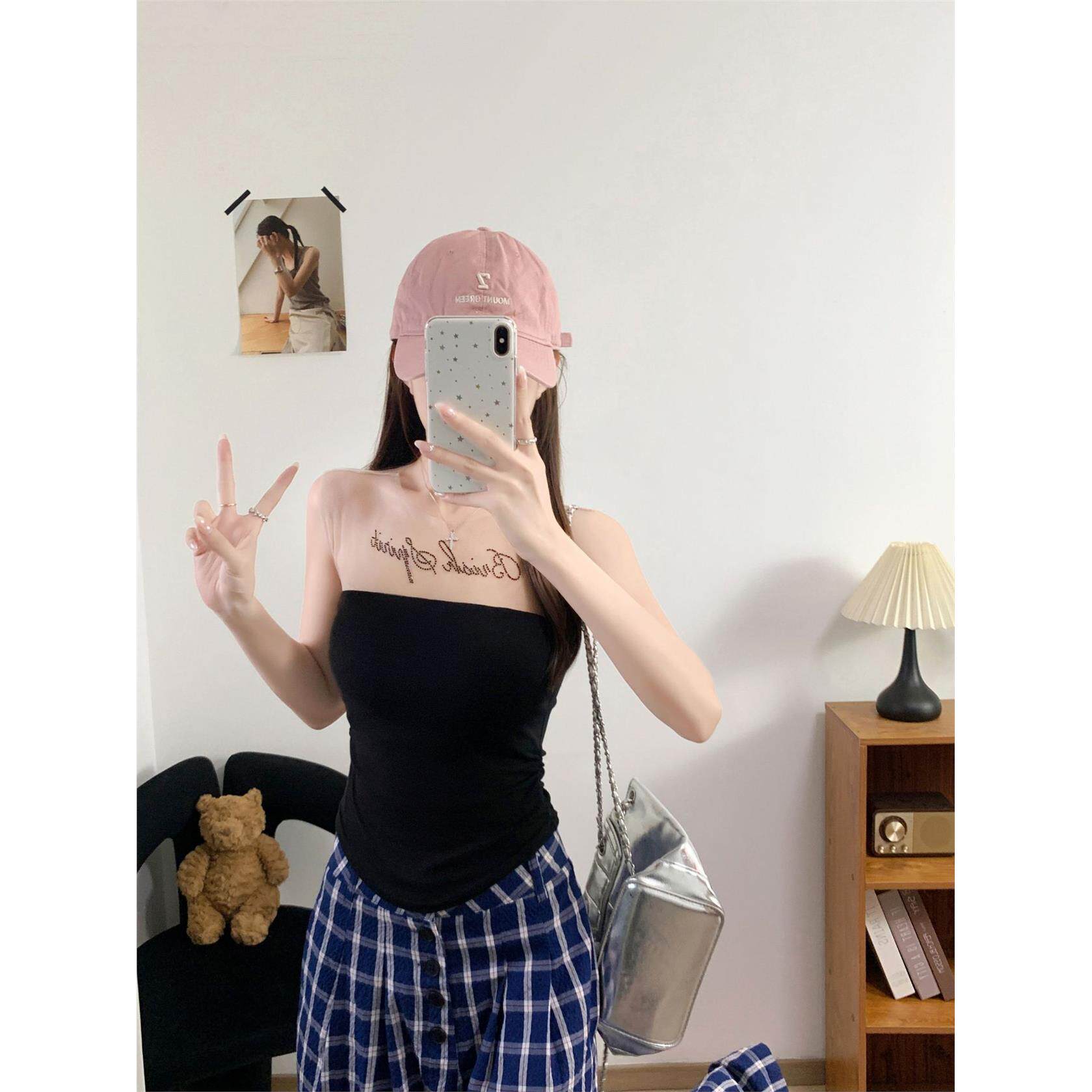 辣妹风性感印花网纱抹胸