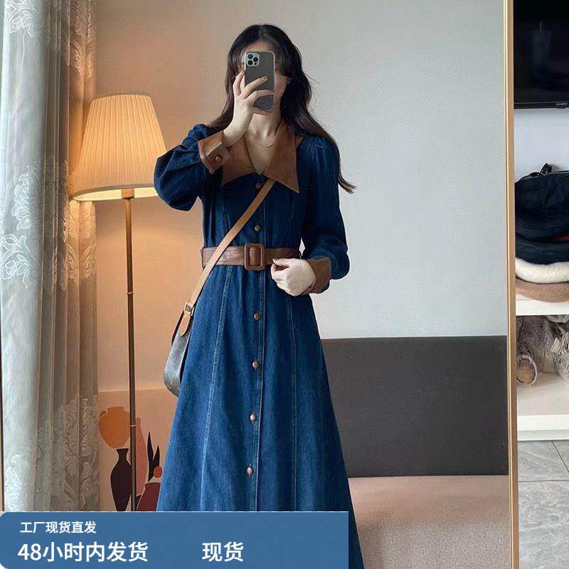 2025新款时尚秋季港风复古牛仔连衣裙胖妹妹mm收腰显瘦法式气质女