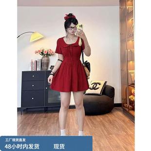 夏季 2025新款 蝴蝶结连衣裙红色新款 大码 复古甜美显瘦收 微胖mm法式
