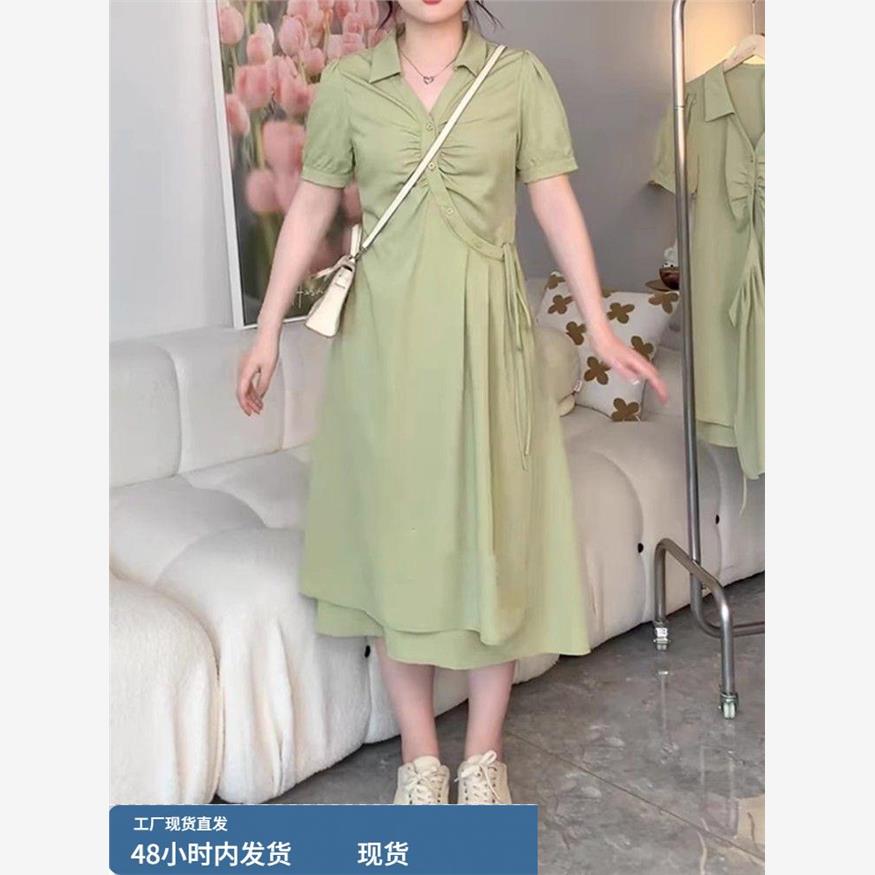 2025新款大码微胖mm显瘦藏肉遮肚子连衣裙女设计绑带收腰高级感短