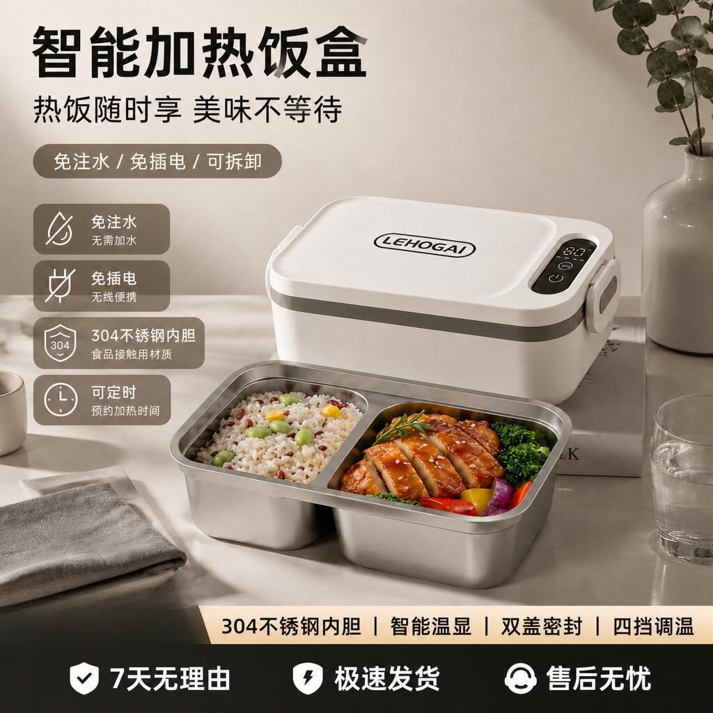 智能加热饭盒304不锈钢免注水可