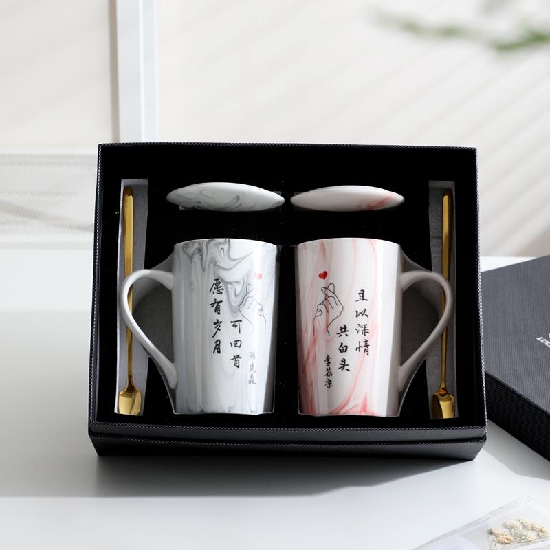 马克杯定制刻字杯子diy可印照片陶瓷杯创意带盖子勺一对情侣杯礼