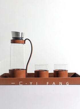 一匚玻璃皮革水具水壶水杯样板间售楼处酒店客厅茶几餐厅托盘摆件