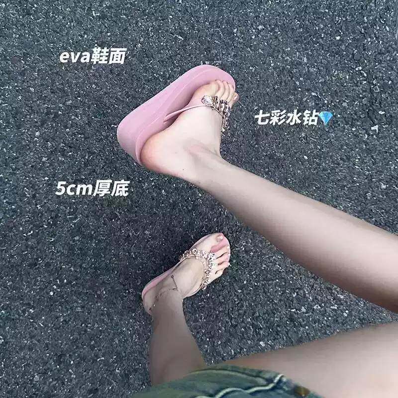 粉色水钻厚底人字拖女夏新款海边