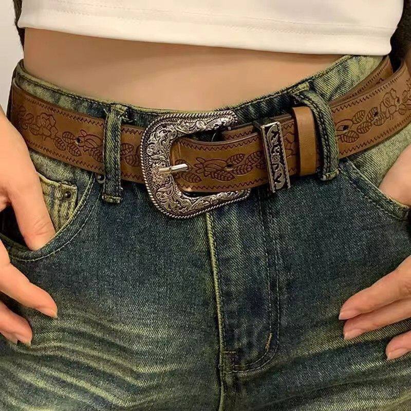 美式复古棕色皮带2025新款压花百搭辣妹y2k腰带牛仔裤小众高级冬