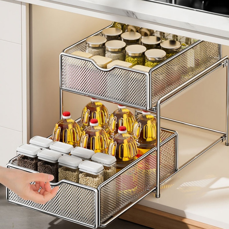 304不锈钢厨房抽拉式置物架整体橱柜内分层架下水槽抽屉拉篮收纳