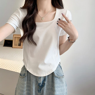 Fjwldy大码正肩短袖女2025夏新款微胖遮肚子显瘦方领设计感上衣