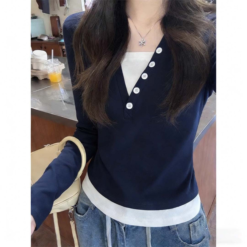 Fjwldy早秋假两件长袖T恤女秋冬新款大码修身正肩设计打底衫上衣