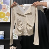 Fjwldy不规则翻领褶皱长袖 正肩上衣 打底衫 女春秋内搭外穿修身 大码