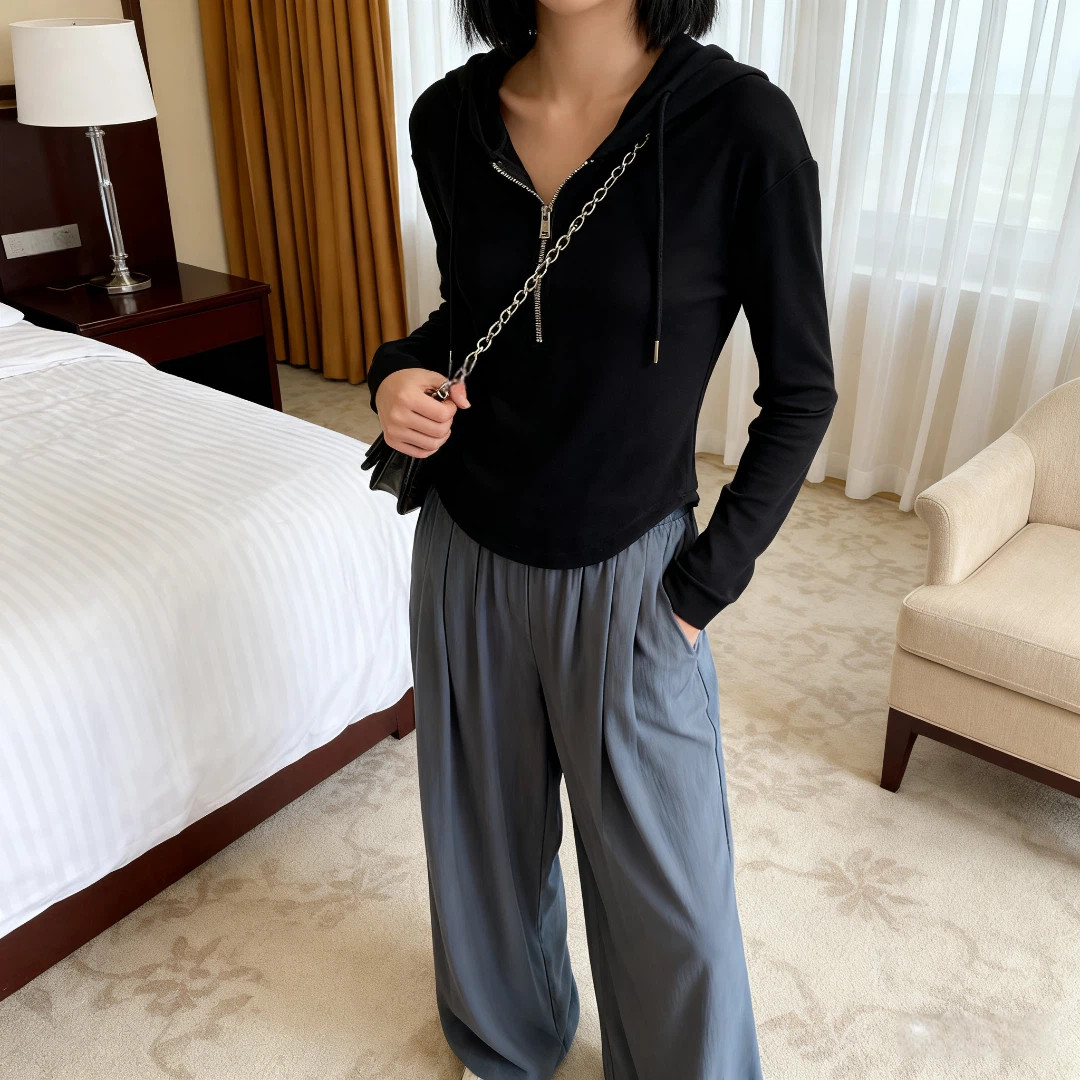 Fjwldy大码修身薄款连帽卫衣春秋季新款小个子设计半拉链显瘦上衣