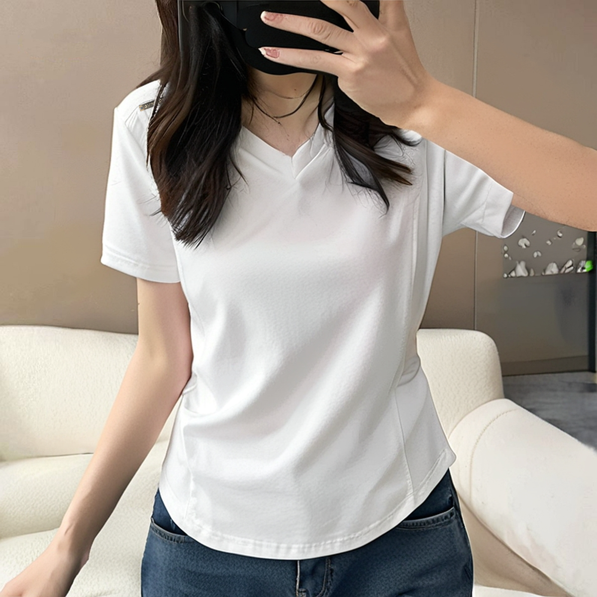 Fjwldy正肩白色v领短袖T恤女夏季2025新款设计感小众收腰鱼骨上衣