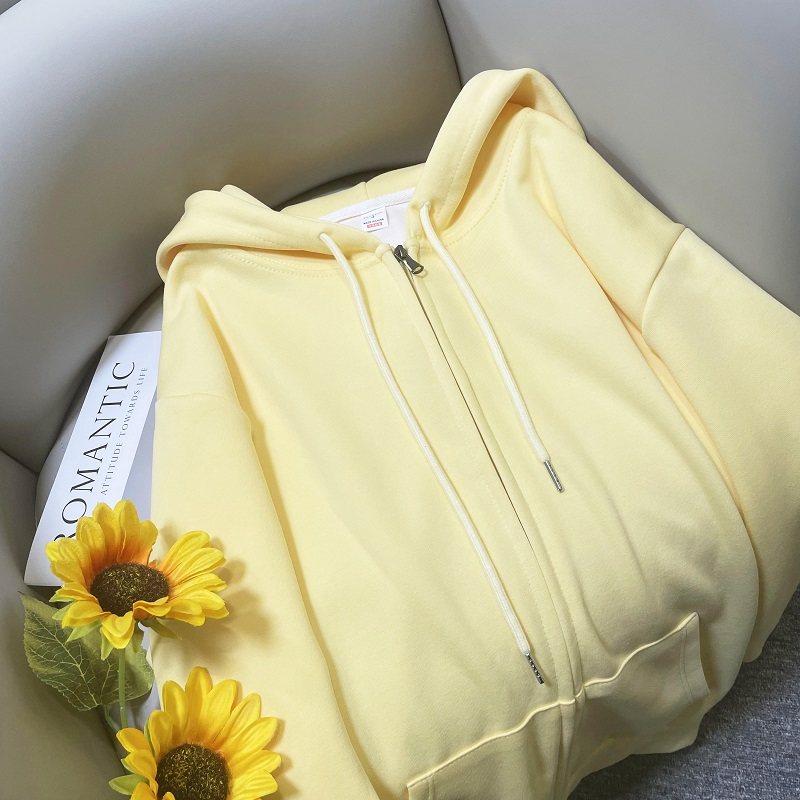 Fjwldy秋冬加绒连帽奶黄色开衫拉链卫衣女外套宽松大码上衣
