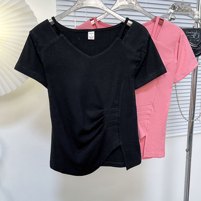 Fjwldy大码女装短袖T恤2025夏季新款显瘦修身不规则V领上衣