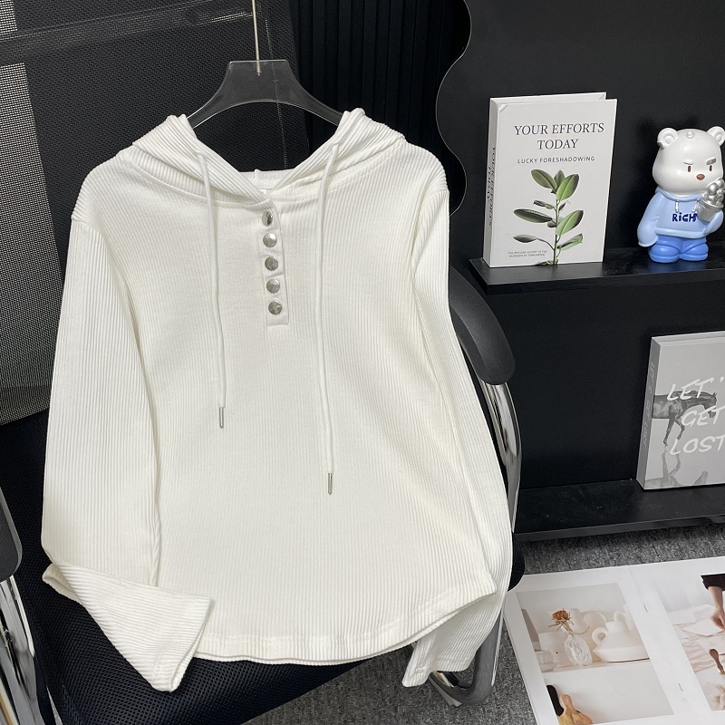 Fjwldy白色半开衫连帽正肩长袖T恤女早秋薄款大码休闲卫衣