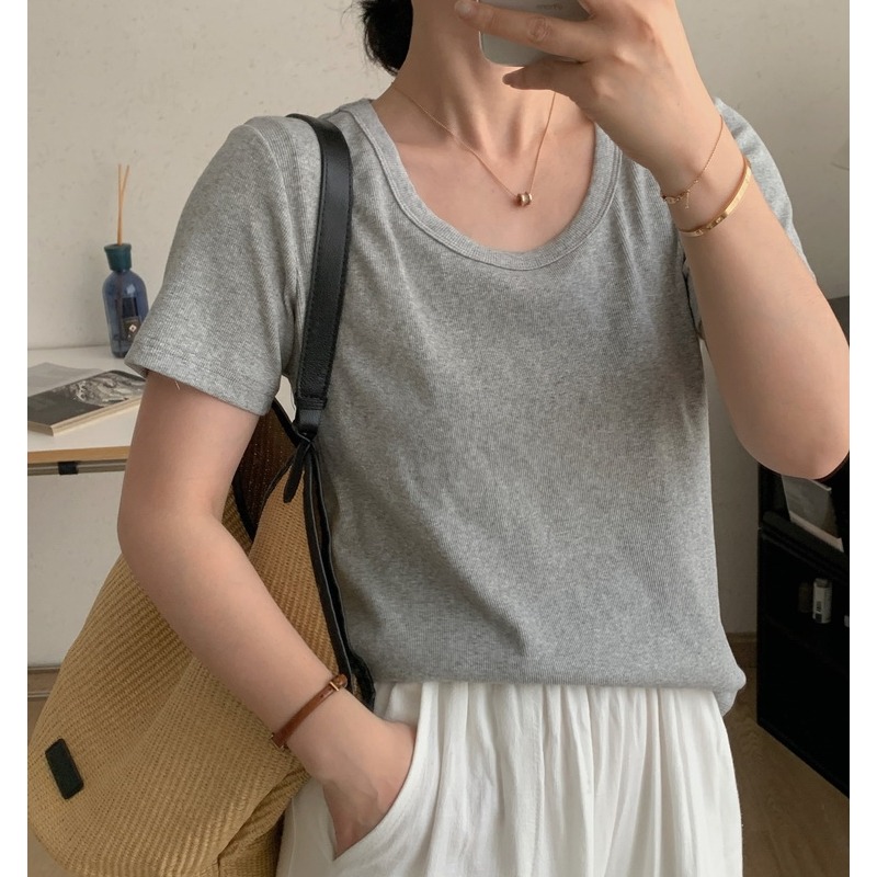 Fjwldy灰色正肩圆领t恤修身显瘦百搭夏季微胖大码女装短袖上衣