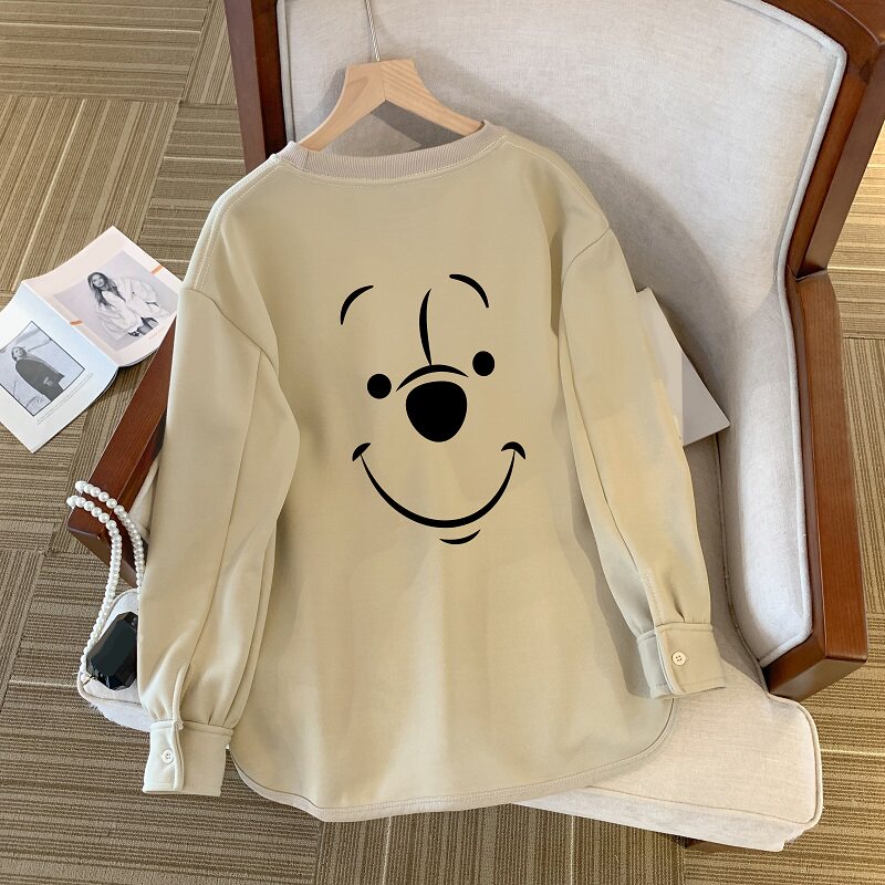 Fjwldy维尼熊印花中长款打底衫宽松大码休闲百搭春季薄款卡通卫衣