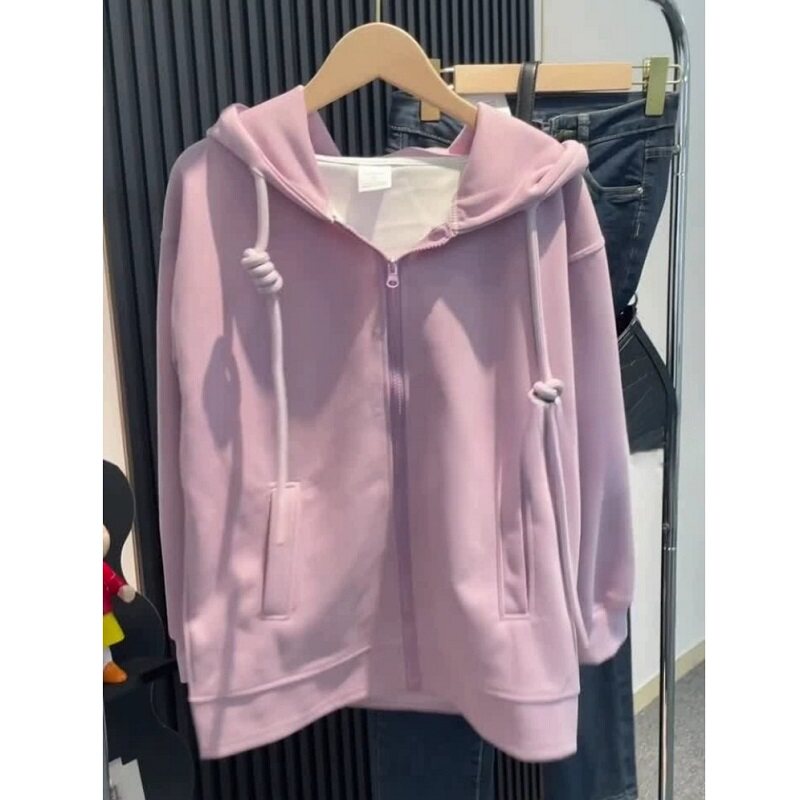 Fjwldy宽松连帽卫衣女春秋新款大码秋冬季加绒拉链开衫外套
