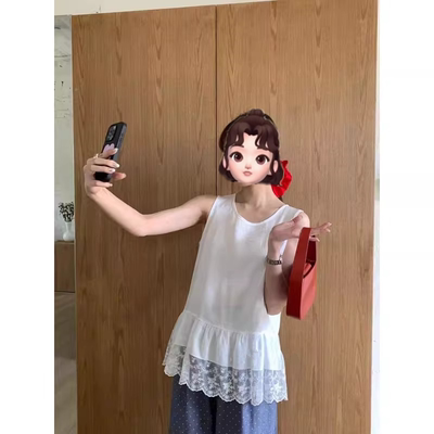 Fjwldy白色蕾丝花边拼接无袖女春夏新款大码百搭叠穿小背心