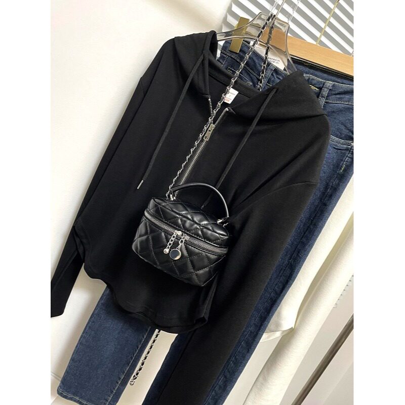 Fjwldy连帽半拉链长袖卫衣女大码修身秋季新款黑色显瘦百搭上衣