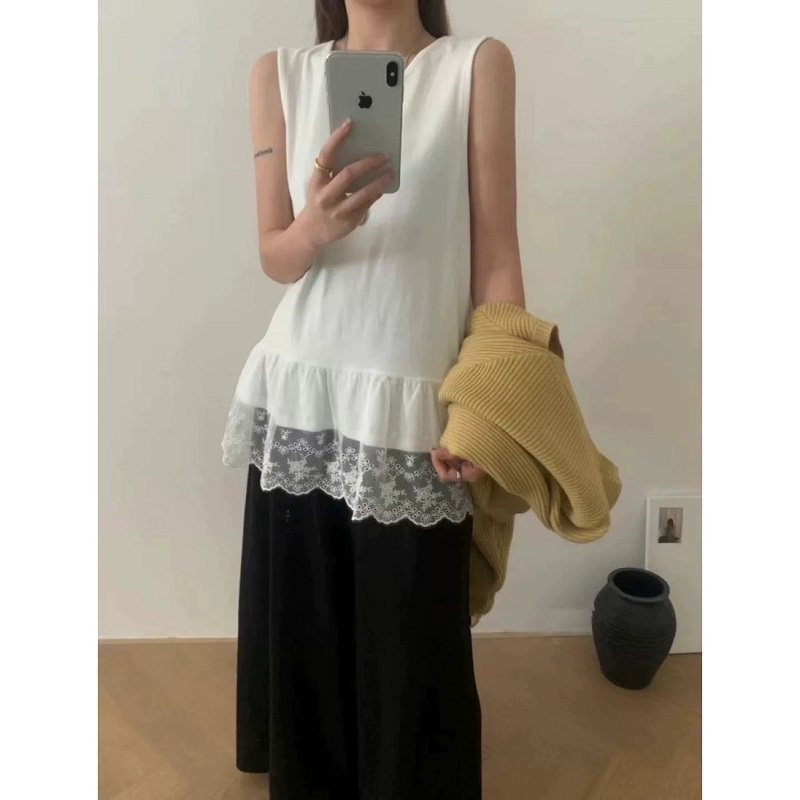 Fjwldy夏日大码内搭叠穿都洋气吊带背心女花边下摆拼接无袖上衣