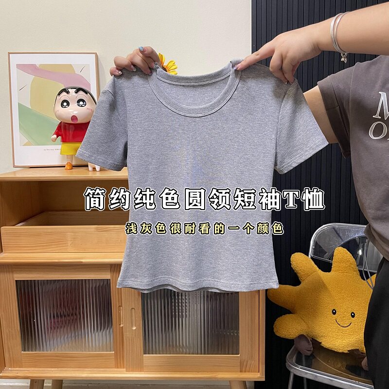 Fjwldy浅灰色圆领大码女弹力短袖百搭小众高级设计感上衣t恤