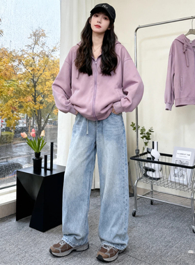 Fjwldy初秋紫色卫衣bm外套男女加绒连帽大码显瘦宽松韩系慵懒开衫