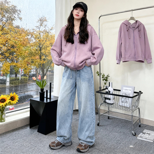 Fjwldy初秋紫色卫衣bm外套男女加绒连帽大码 显瘦宽松韩系慵懒开衫