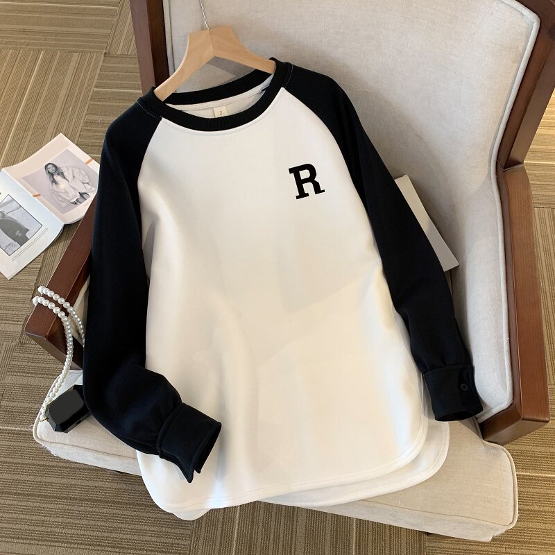 Fjwldy黑拼白圆领磨毛加绒打底衫秋冬洋气内搭中长款大码插肩上衣