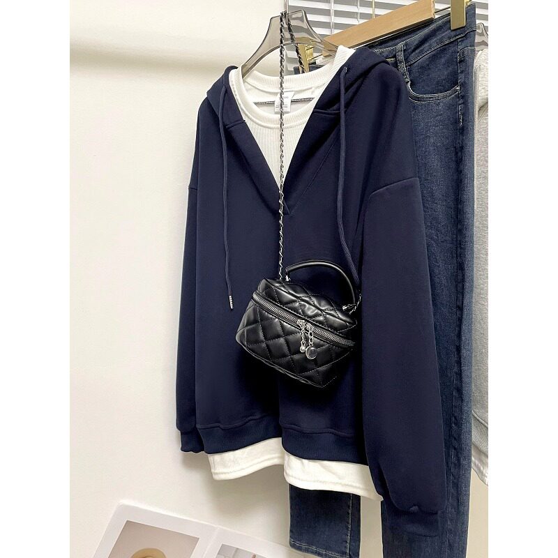 Fjwldy慵懒风连帽拼接卫衣男女洋气大码新款宽松百搭减龄开衫外套