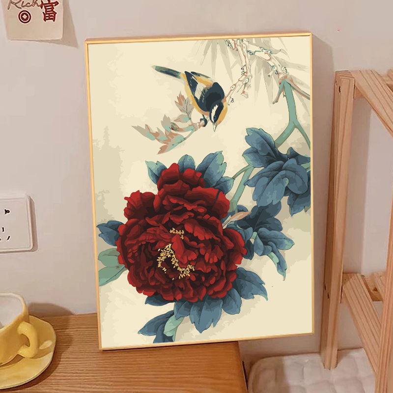 新中式国风牡丹花数字油画diy填充涂色手工绘花卉丙烯油彩装饰画图片