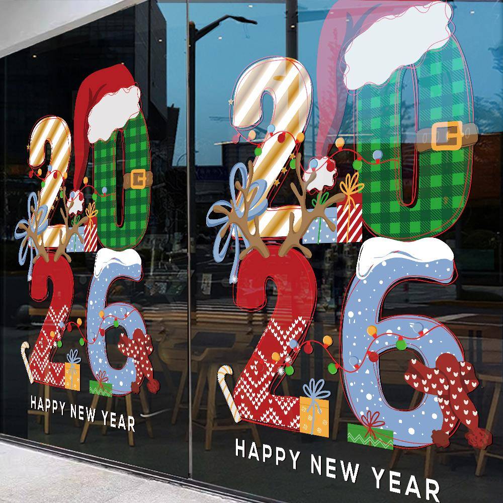 2026新年元旦装饰圣诞节窗花双面UV静电贴纸装饰橱窗门贴贴纸窗贴