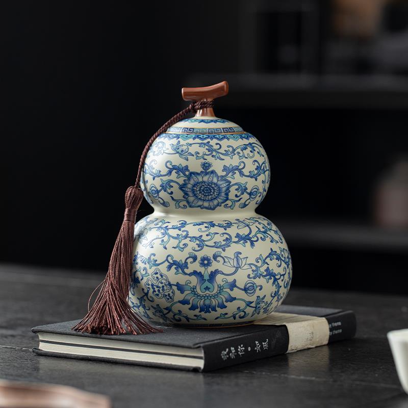 青花汝窑葫芦茶叶罐高档绿茶白茶普洱茶防潮罐陶瓷中式密封储存罐