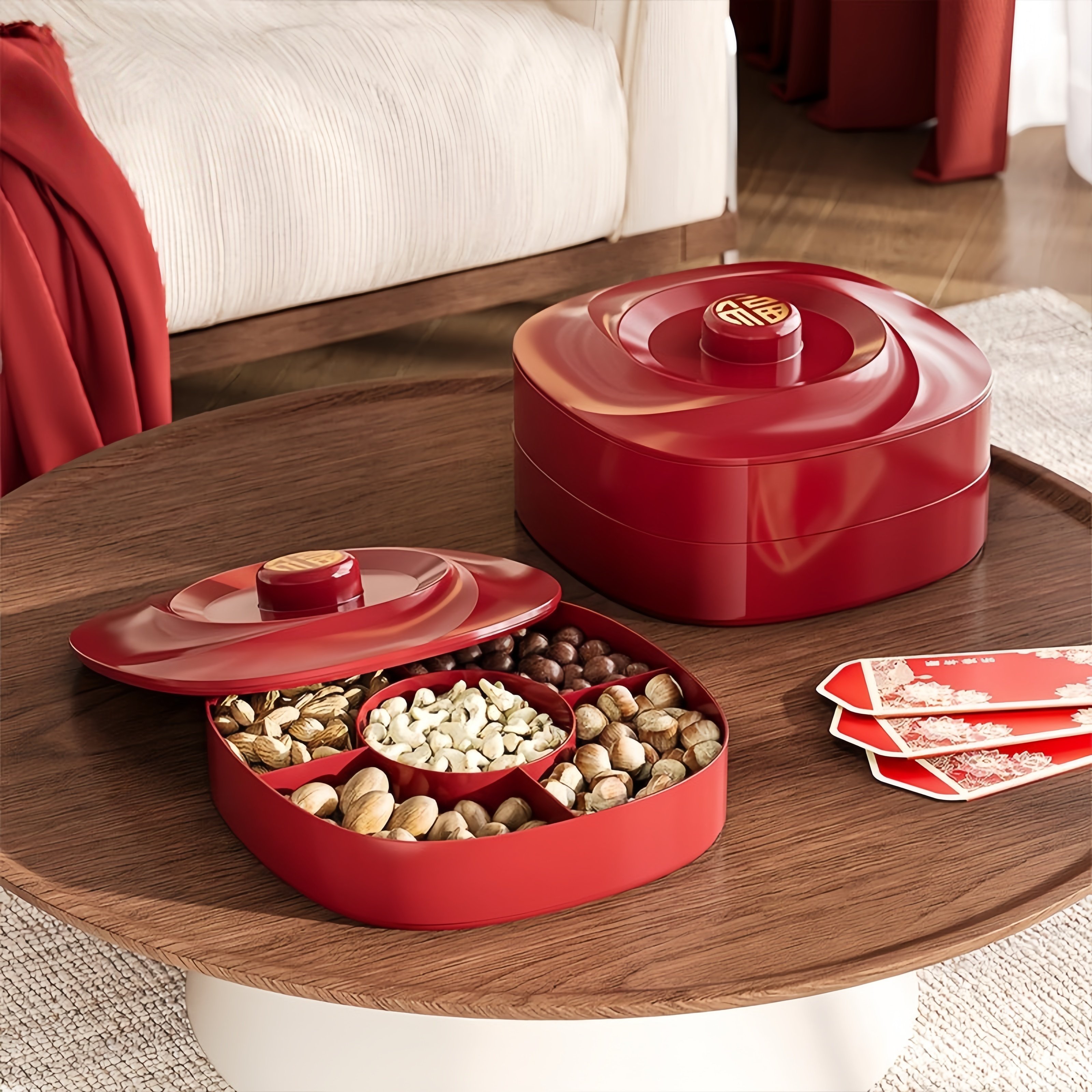 红色乔迁果盘家用客厅茶几旋转新年糖果盒分格密封坚果瓜子收纳盒,餐饮具,果盆/果盘/果篮,淘宝优惠券,粉丝福利购,淘宝优惠卷