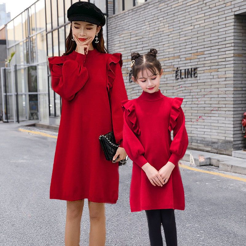 亲子装母女装2025秋冬新款红色女童毛衣连衣裙时尚洋气新年针织衫