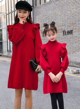 亲子装母女装2025秋冬新款红色女童毛衣连衣裙时尚洋气新年针织衫