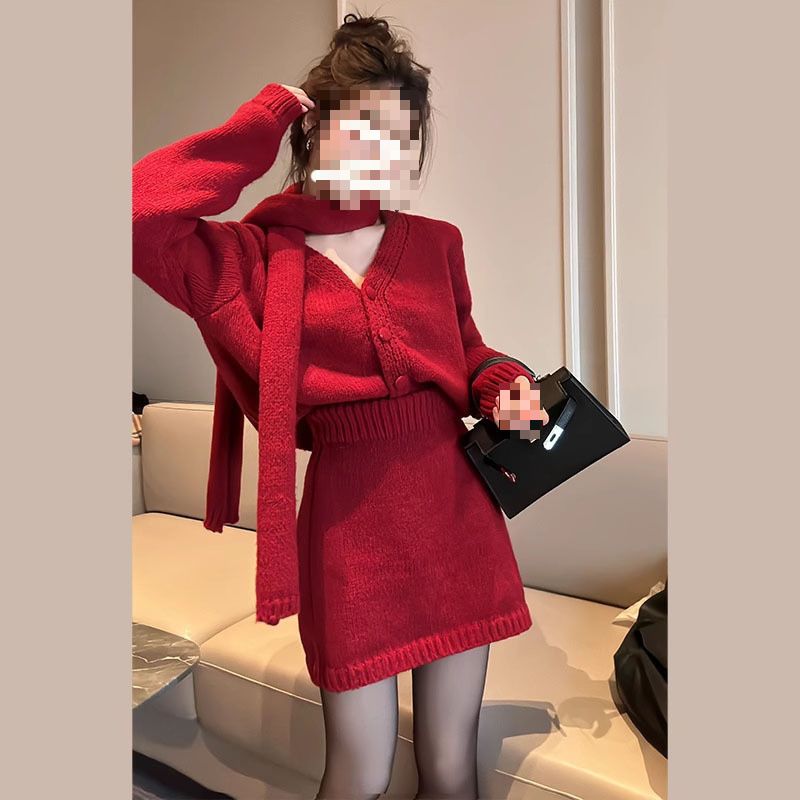开春穿搭法式红色针织毛衣连衣裙时尚套装