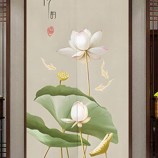 荷花布艺门帘玄关厕所隔断帘卫生间遮挡帘家用卧室免打孔挂帘 中式